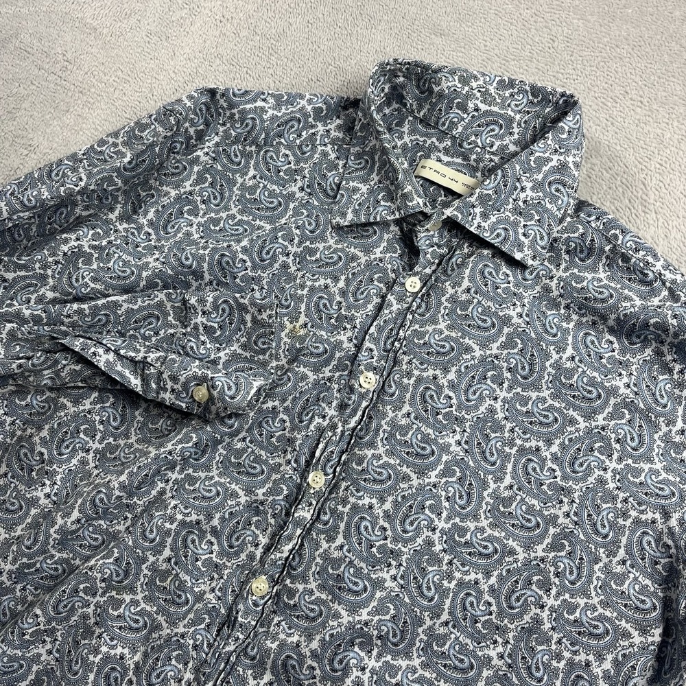 Etro Shirt Mens Size 44‎ Blue Floral Paisley Cotton Long Sleeve Made In Italy